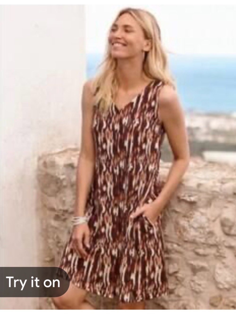 Garnet Hill Sleeveless Brown Printed Shift Dress - Green Cotton XS